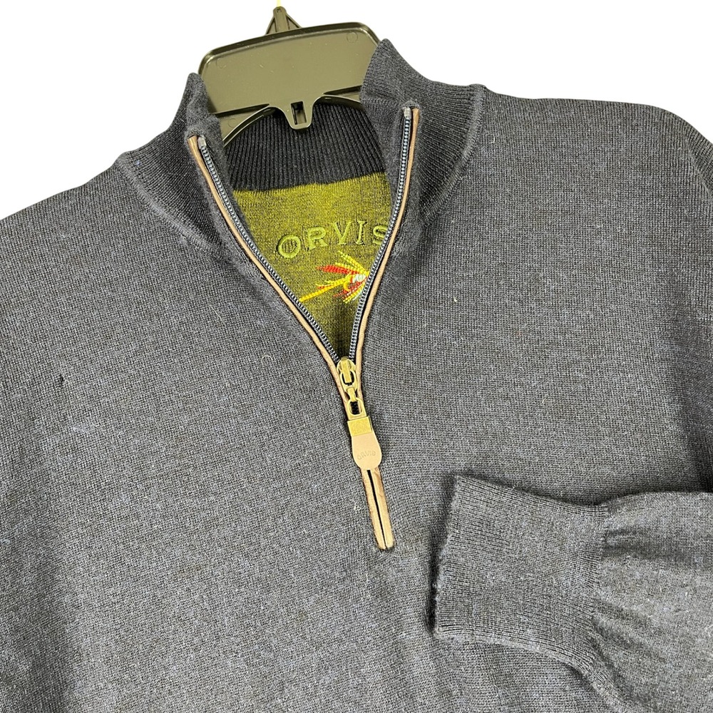 Orvis Quarter Zip Sweater Merino Wool Pullover Navy Ribbed Trim Mock Neck L Mens